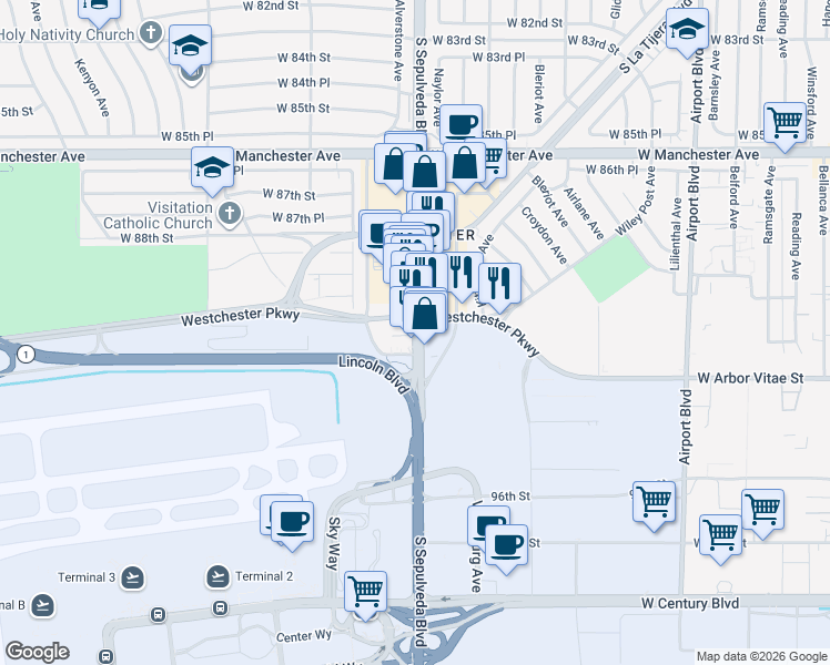 map of restaurants, bars, coffee shops, grocery stores, and more near 9139 Sepulveda Boulevard in Los Angeles