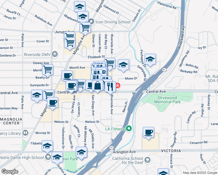 map of restaurants, bars, coffee shops, grocery stores, and more near 3505 Central Avenue in Riverside