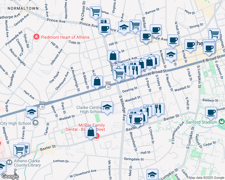 map of restaurants, bars, coffee shops, grocery stores, and more near 150 South Milledge Avenue in Athens