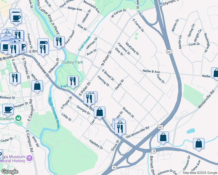 map of restaurants, bars, coffee shops, grocery stores, and more near 168 Herring Street in Athens