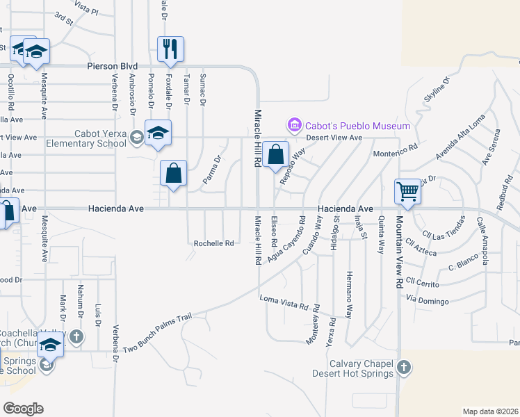 map of restaurants, bars, coffee shops, grocery stores, and more near Hacienda Avenue in Desert Hot Springs