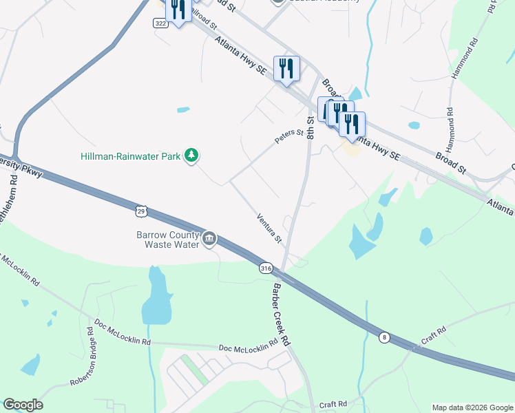 map of restaurants, bars, coffee shops, grocery stores, and more near 2026 Ventura Street in Statham