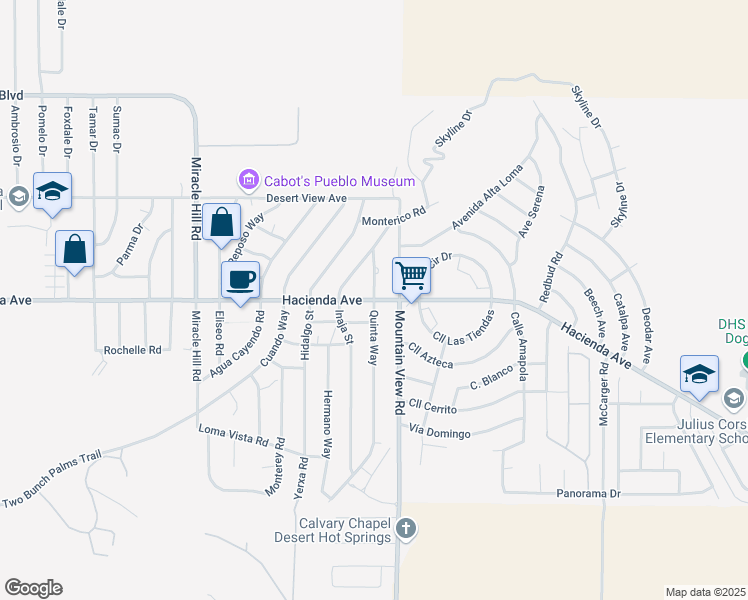 map of restaurants, bars, coffee shops, grocery stores, and more near Hacienda Avenue & Quinta Way in Desert Hot Springs