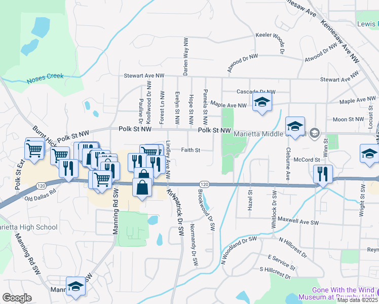 map of restaurants, bars, coffee shops, grocery stores, and more near 533 Faith Street in Marietta