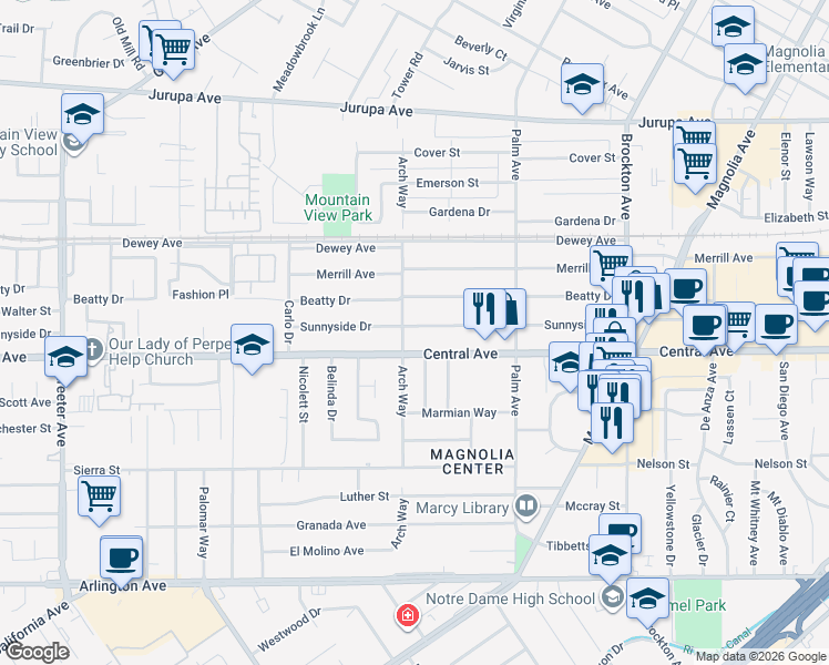 map of restaurants, bars, coffee shops, grocery stores, and more near 4682 Sunnyside Drive in Riverside