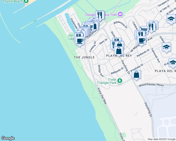 map of restaurants, bars, coffee shops, grocery stores, and more near 7301 Vista Del Mar in Los Angeles