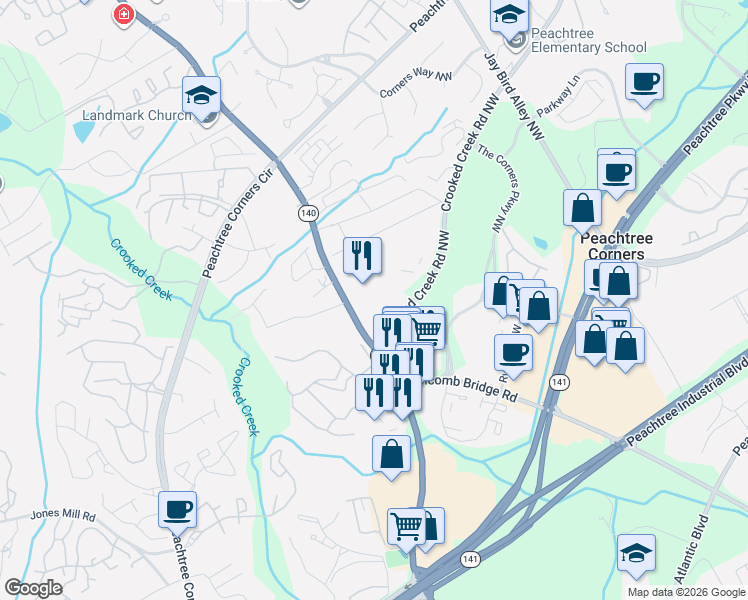map of restaurants, bars, coffee shops, grocery stores, and more near 3446 Holcomb Bridge Road in Norcross