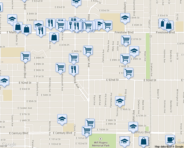map of restaurants, bars, coffee shops, grocery stores, and more near 1215 East 91st Street in Los Angeles