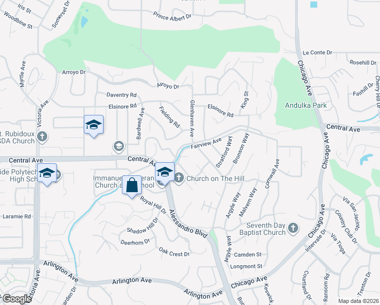 map of restaurants, bars, coffee shops, grocery stores, and more near 5413 Glenhaven Avenue in Riverside
