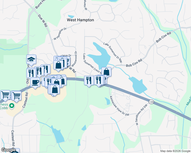 map of restaurants, bars, coffee shops, grocery stores, and more near 3364 Timbers Edge Dr in Marietta