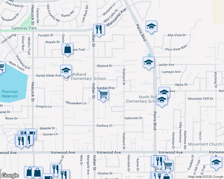 map of restaurants, bars, coffee shops, grocery stores, and more near 24811 Sundial Way in Moreno Valley