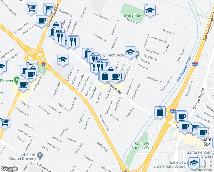 map of restaurants, bars, coffee shops, grocery stores, and more near 9472 Telegraph Road in Downey