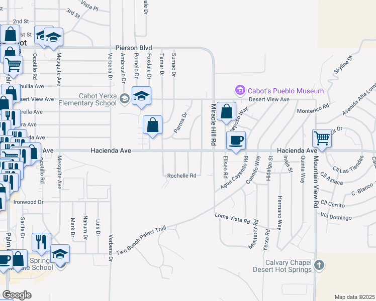 map of restaurants, bars, coffee shops, grocery stores, and more near Hacienda Avenue in Desert Hot Springs