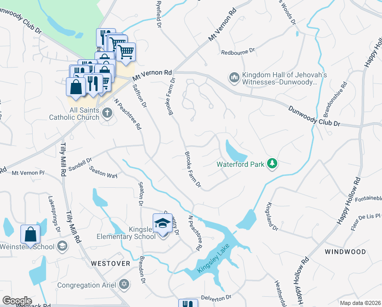 map of restaurants, bars, coffee shops, grocery stores, and more near 5265 Brooke Farm Drive in Dunwoody