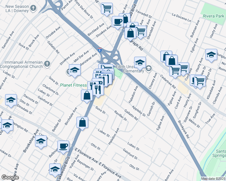 map of restaurants, bars, coffee shops, grocery stores, and more near 9226 Arrington Avenue in Downey