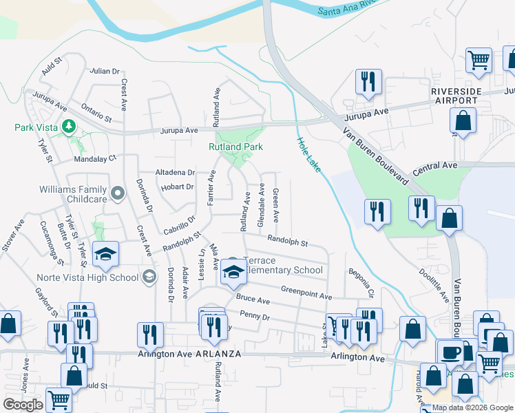 map of restaurants, bars, coffee shops, grocery stores, and more near 6817 Glendale Avenue in Riverside