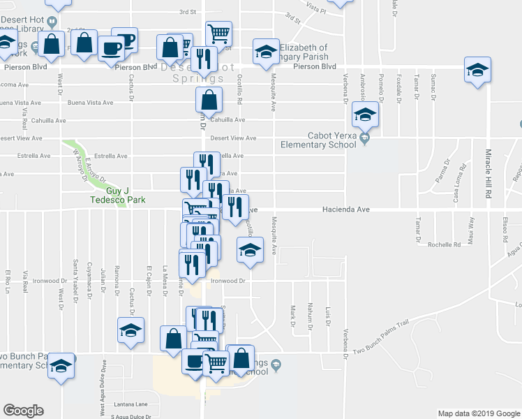 map of restaurants, bars, coffee shops, grocery stores, and more near 66725 Hacienda Avenue in Desert Hot Springs
