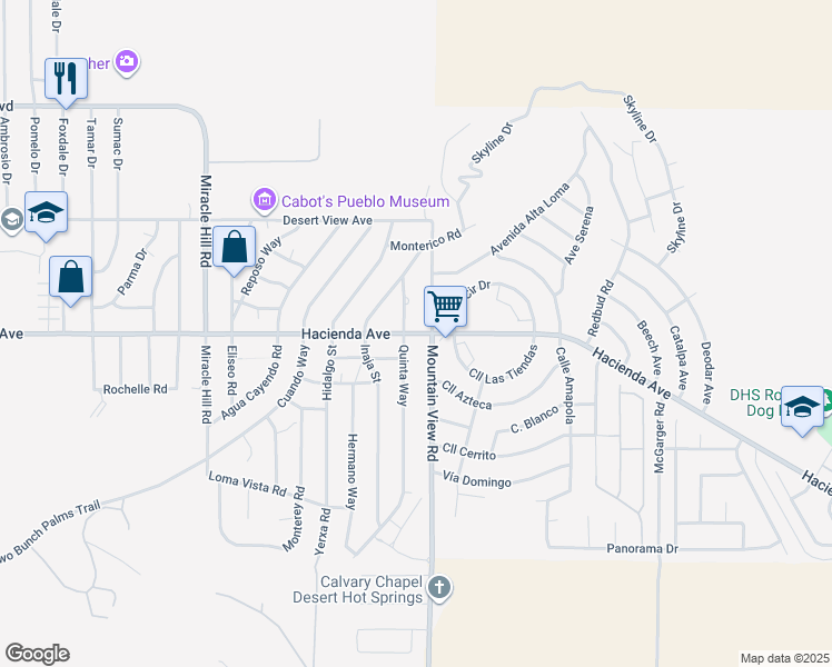 map of restaurants, bars, coffee shops, grocery stores, and more near Hacienda Avenue in Desert Hot Springs