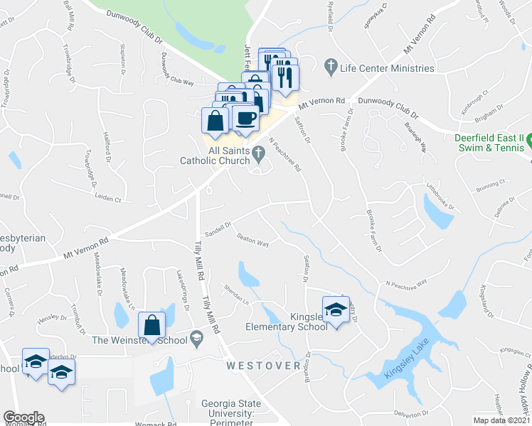 map of restaurants, bars, coffee shops, grocery stores, and more near 5422 Seaton Drive in Dunwoody