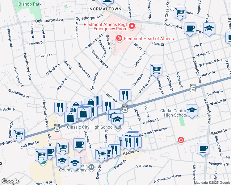 map of restaurants, bars, coffee shops, grocery stores, and more near 255 Hodgson Drive in Athens