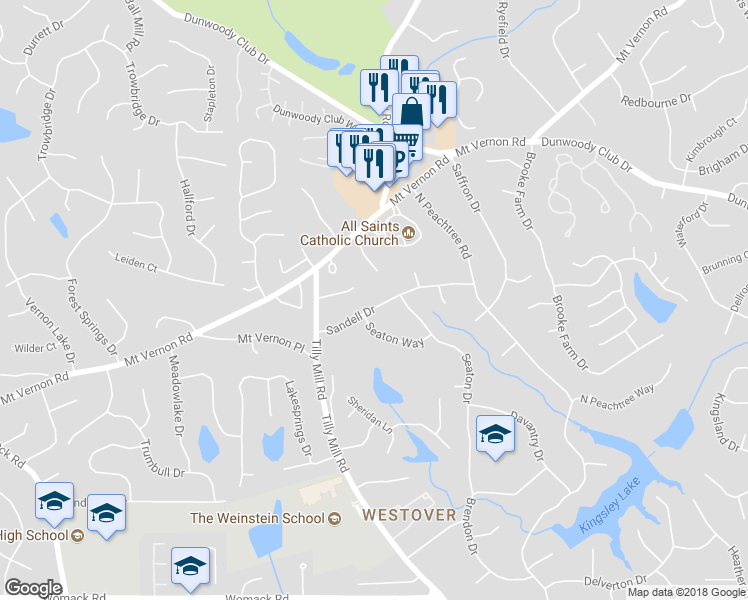 map of restaurants, bars, coffee shops, grocery stores, and more near 2388 Sandell Drive in Dunwoody