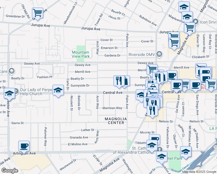map of restaurants, bars, coffee shops, grocery stores, and more near 4622 Sunnyside Drive in Riverside