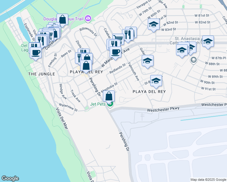 map of restaurants, bars, coffee shops, grocery stores, and more near 8300 Manitoba Street in Los Angeles