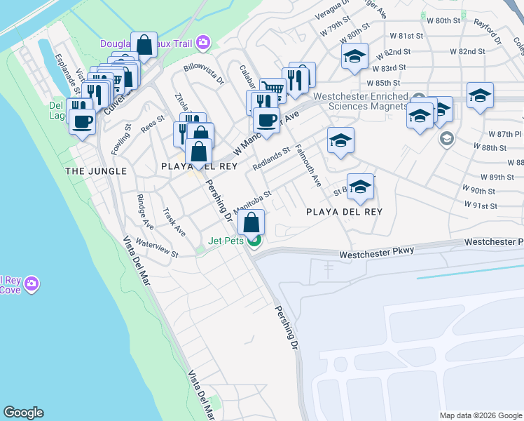 map of restaurants, bars, coffee shops, grocery stores, and more near 8300 Manitoba Street in Playa Del Rey