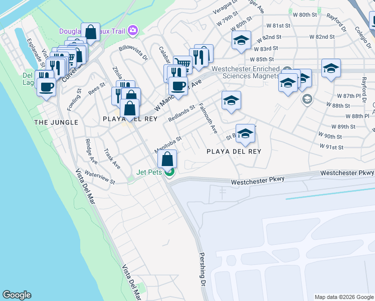 map of restaurants, bars, coffee shops, grocery stores, and more near 8160 Manitoba Street in Los Angeles