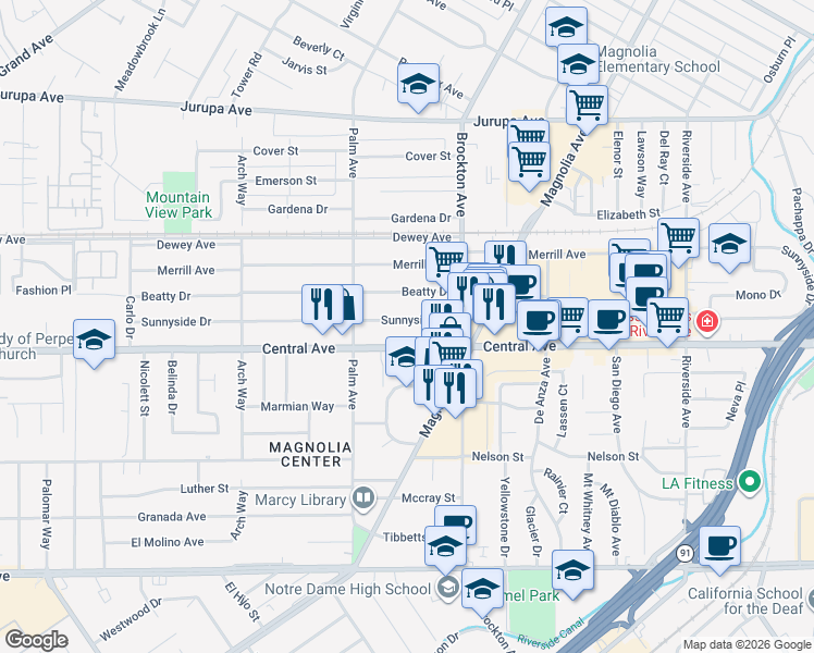 map of restaurants, bars, coffee shops, grocery stores, and more near 4310 Sunnyside Dr in Riverside
