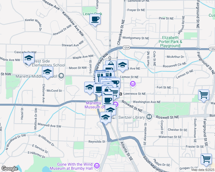 map of restaurants, bars, coffee shops, grocery stores, and more near in Marietta