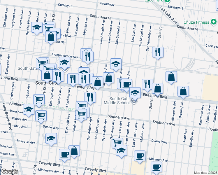 map of restaurants, bars, coffee shops, grocery stores, and more near 3727 Firestone Boulevard in South Gate