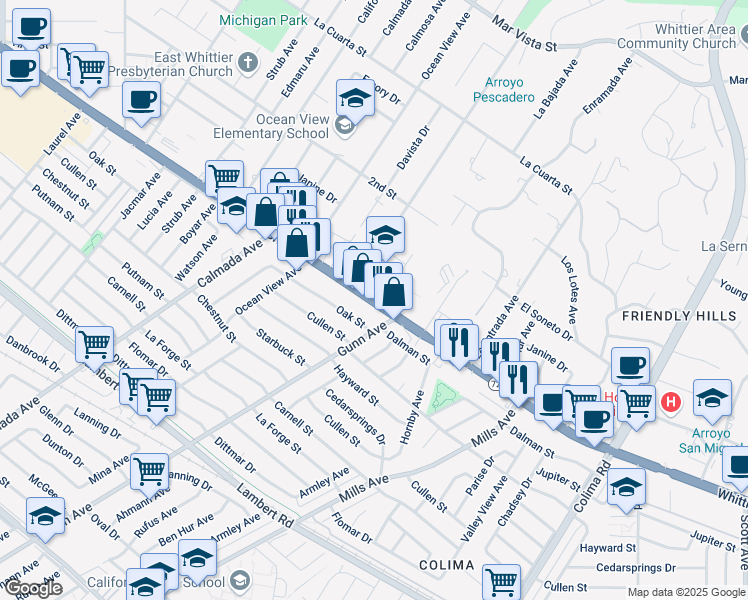 map of restaurants, bars, coffee shops, grocery stores, and more near California 72 in Whittier