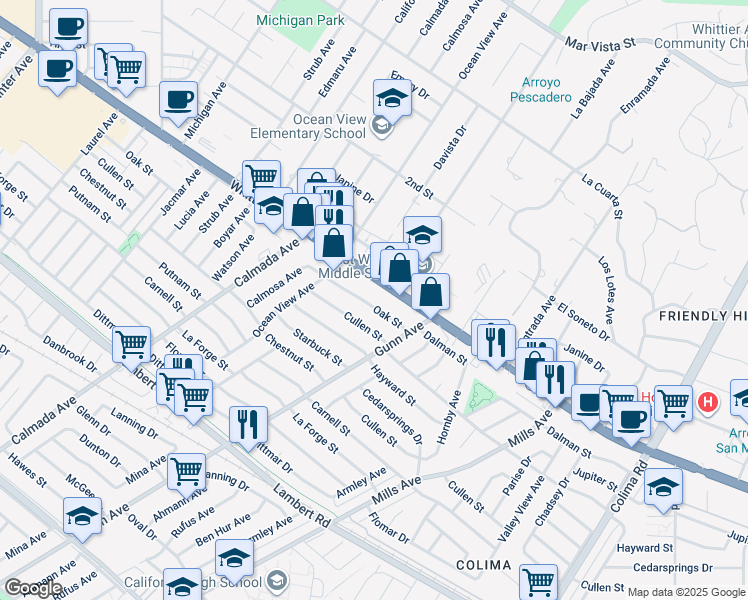 map of restaurants, bars, coffee shops, grocery stores, and more near 14405 Oak Street in Whittier