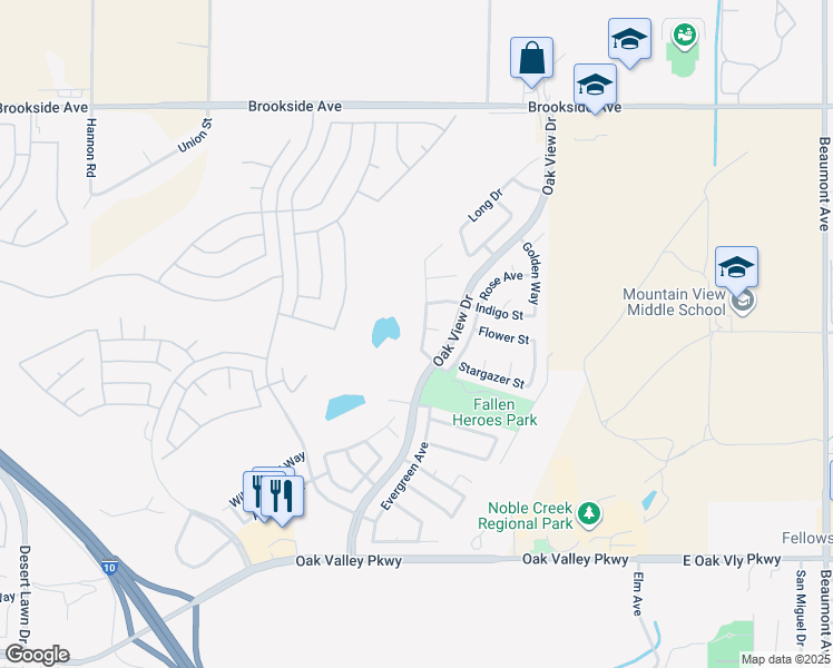 map of restaurants, bars, coffee shops, grocery stores, and more near 1647 Lakeside Avenue in Beaumont