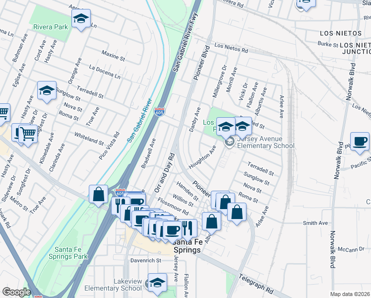 map of restaurants, bars, coffee shops, grocery stores, and more near 9453 Danby Avenue in Santa Fe Springs