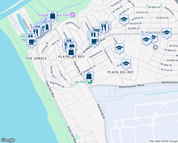 map of restaurants, bars, coffee shops, grocery stores, and more near 8300 Manitoba Street in Los Angeles