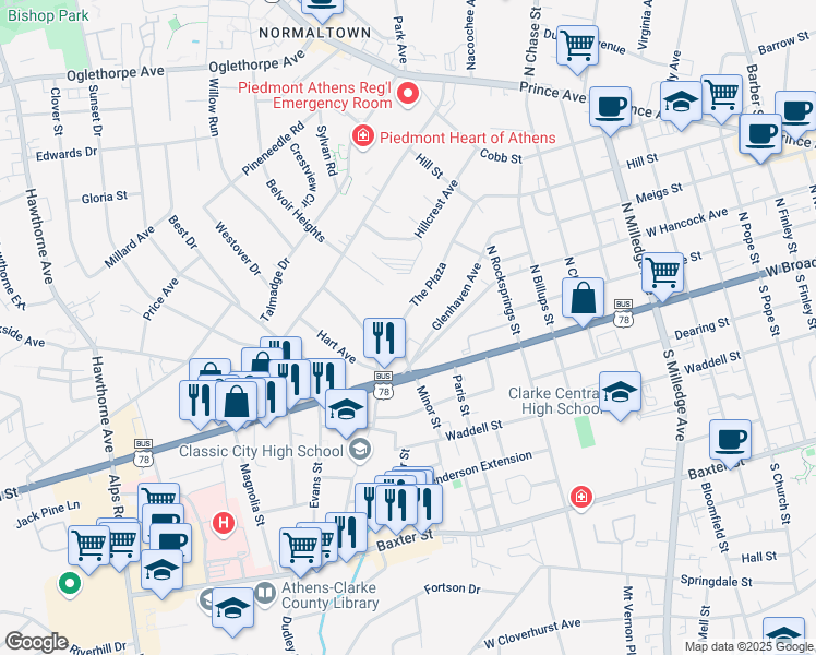 map of restaurants, bars, coffee shops, grocery stores, and more near 323 The Plaza in Athens