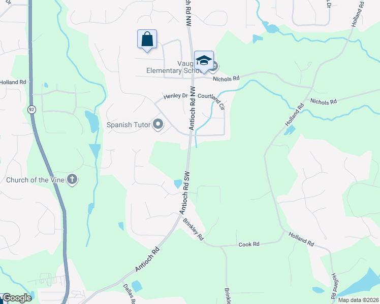 map of restaurants, bars, coffee shops, grocery stores, and more near 60 Antioch Road in Powder Springs