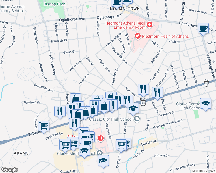 map of restaurants, bars, coffee shops, grocery stores, and more near 150 Sunset Dr in Athens