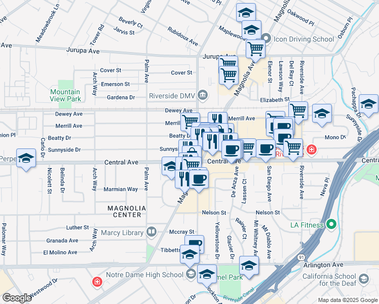 map of restaurants, bars, coffee shops, grocery stores, and more near 4158 Sunnyside Drive in Riverside