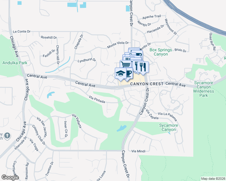map of restaurants, bars, coffee shops, grocery stores, and more near 1040 Central Avenue in Riverside
