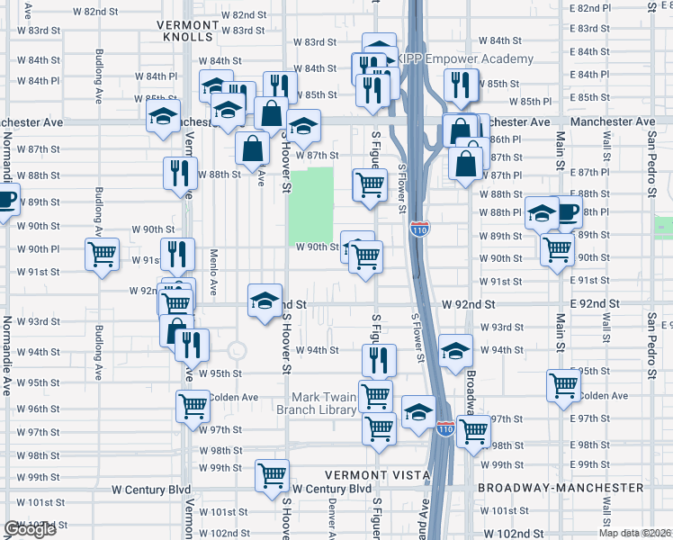 map of restaurants, bars, coffee shops, grocery stores, and more near 622 West 91st Street in Los Angeles