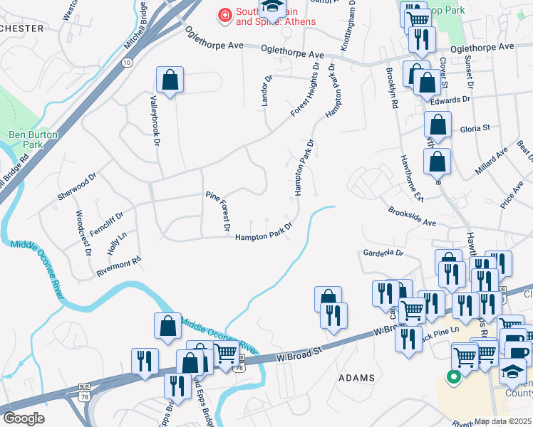 map of restaurants, bars, coffee shops, grocery stores, and more near 608 Creekside Court in Athens