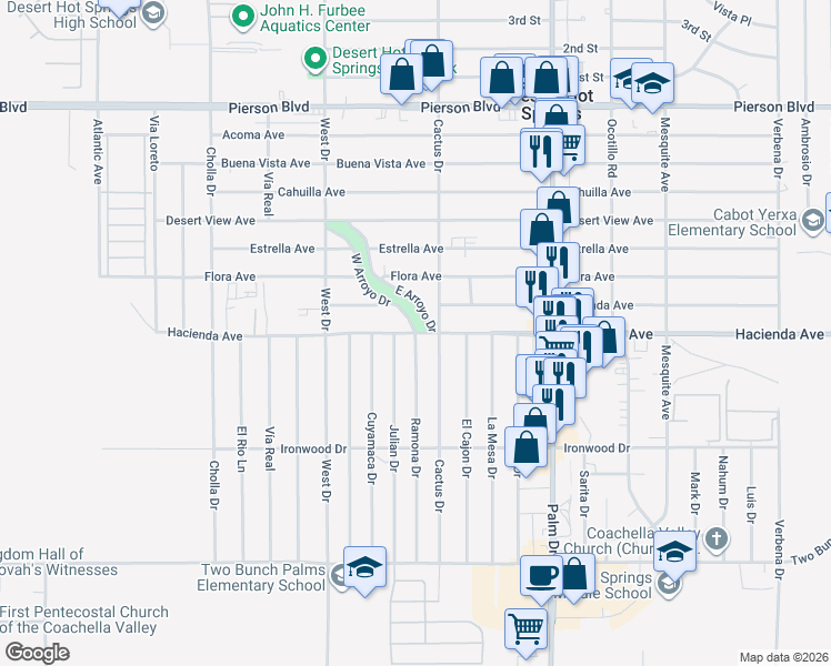 map of restaurants, bars, coffee shops, grocery stores, and more near Hacienda Avenue & Ramona Drive in Desert Hot Springs