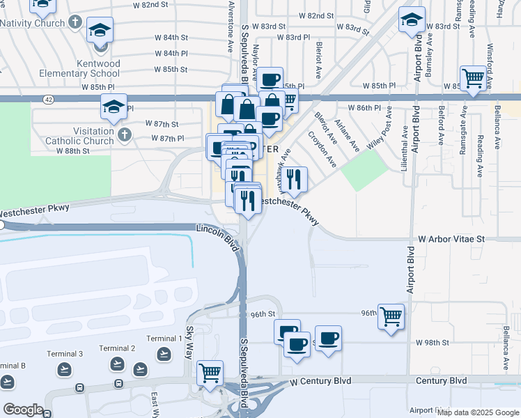 map of restaurants, bars, coffee shops, grocery stores, and more near 9107 Sepulveda Eastway in Los Angeles