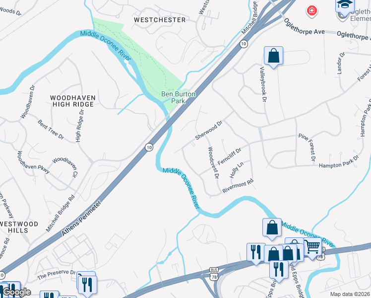 map of restaurants, bars, coffee shops, grocery stores, and more near 265 Sherwood Drive in Athens