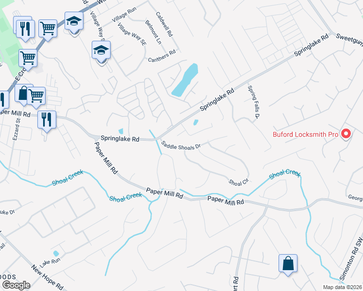 map of restaurants, bars, coffee shops, grocery stores, and more near 520 Saddle Shoals Drive in Lawrenceville