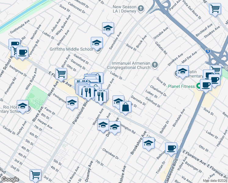 map of restaurants, bars, coffee shops, grocery stores, and more near 8067 Otto Street in Downey