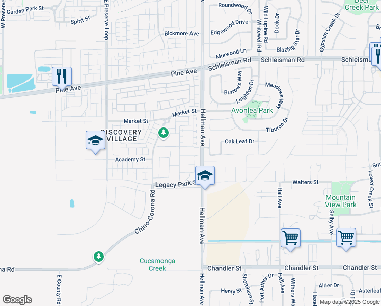 map of restaurants, bars, coffee shops, grocery stores, and more near 8822 Searcher Street in Chino